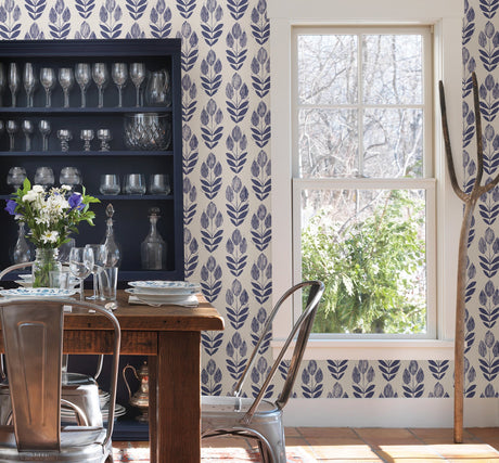 Beacon House 2535-20652 Scandinavian Blue Block Print Tulip Wallpaper