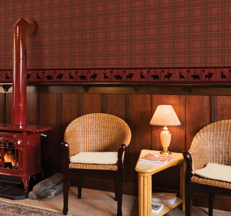 Chesapeake TLL01412 Fox Hollow Dark Red Plaid Wallpaper